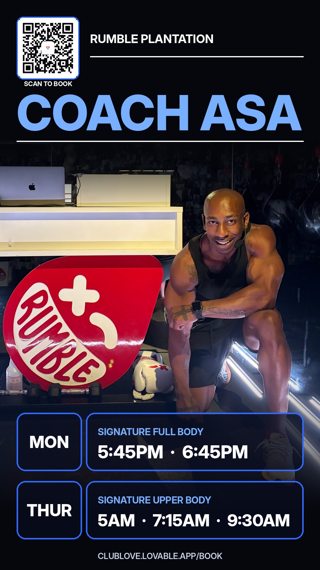 Coach Asa kneeling beside the Rumble sign at Rumble Plantation — Monday and Thursday class schedule
