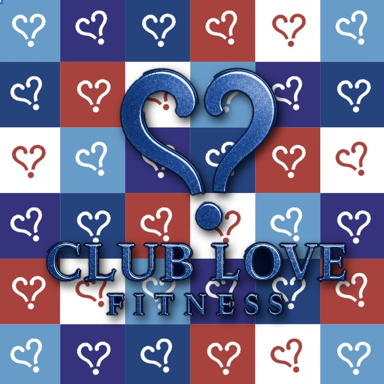 Club Love Fitness — blue heart-question on the Club Love checkerboard