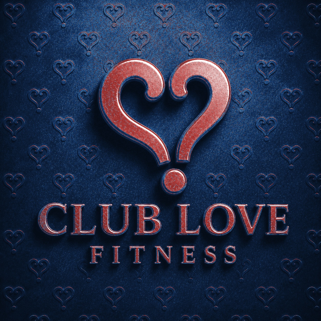 Club Love Fitness — copper heart-question on the navy Club Love pattern